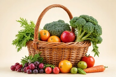 Illustration eines Korbes voller frischem Gemüse und Obst